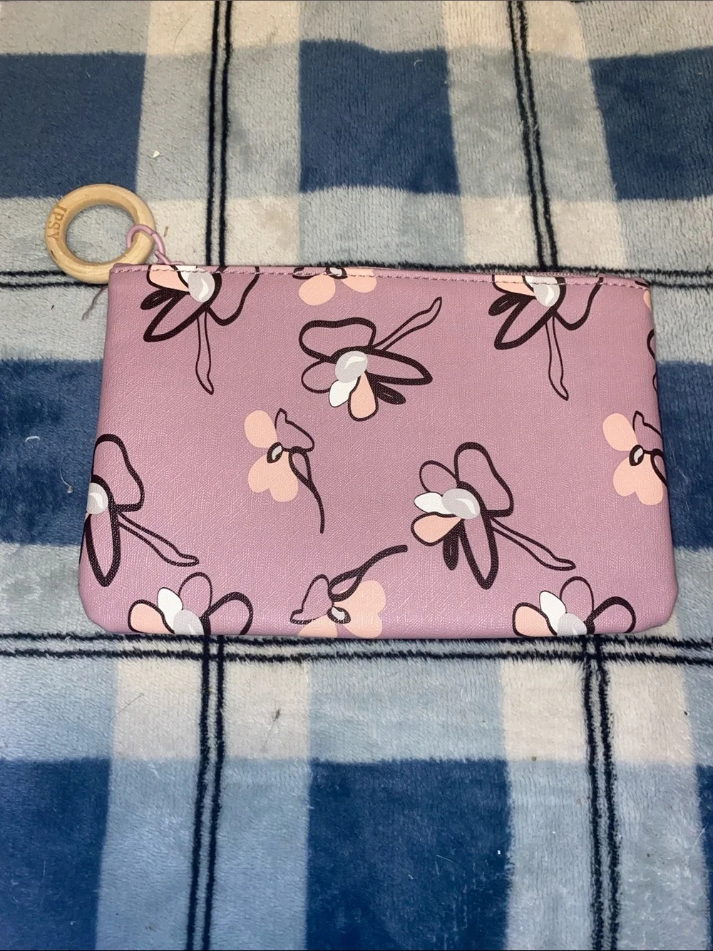 ipsy Pink Floral Wristlet Pouch with Wooden Ring